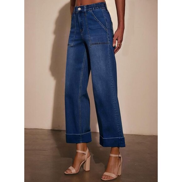 Women’s High Waist Wide Leg Cropped Stretchy Denim Jeans Pockets - Picture 4 of 7